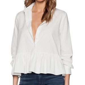 THE GREAT The Ruffle Oxford Shirt Grey & Cream Stripe Size 0